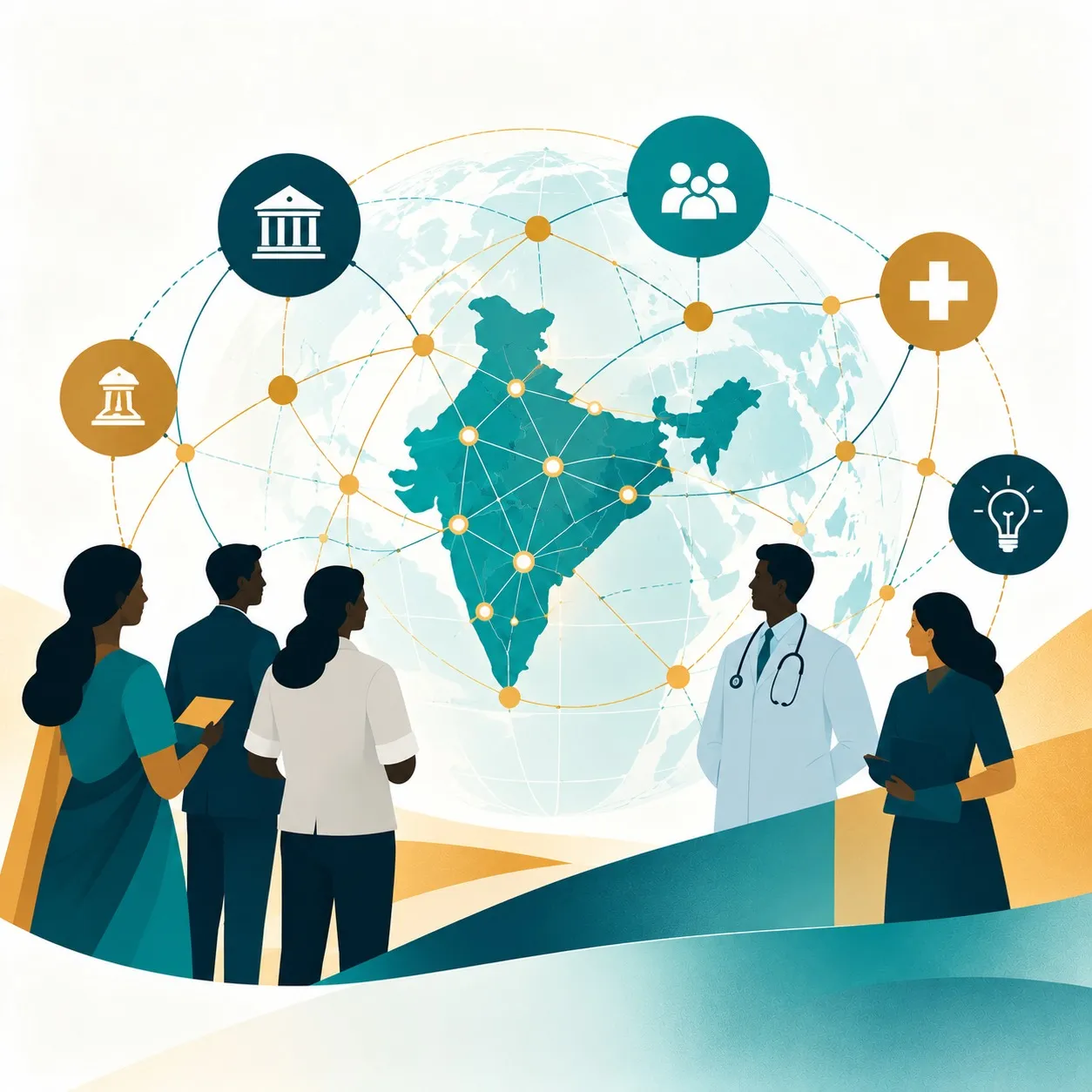 Health professionals and community members gathered around a glowing map of India, linked by network lines and institution icons.